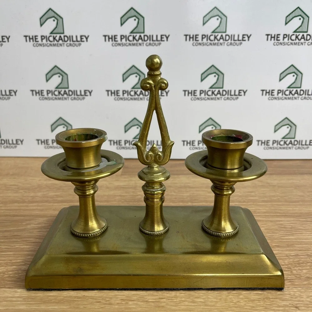 Vintage Solid Brass Double Taper Candle Holder Ornate Handle Rectangular Base